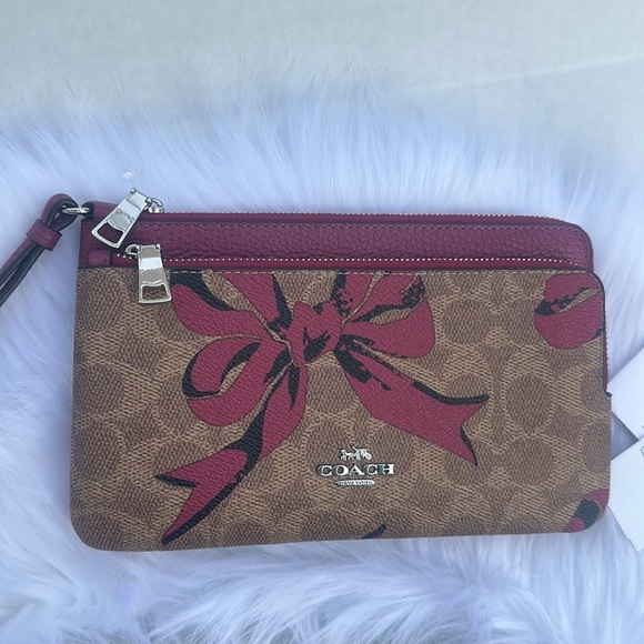 New COACH Double Zip Wallet In Signature Canvas With Bow Print - Picture 1 of 11